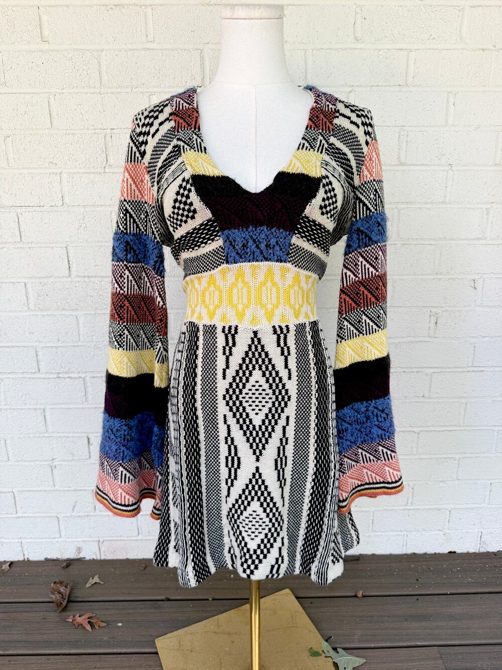 Free People 1970s Patchwork Sweater Dress Boho Bell Sleeve V Neck Knit Mini S/P